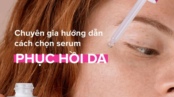 alt text: Hình ảnh chai serum phục hồi da trên nền trắng, bên cạnh là một vài bông hoa trắng nhỏ. Mô tả cách chọn serum phục hồi da