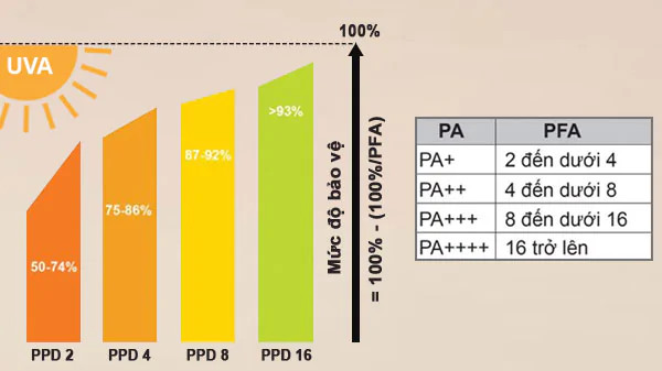 alt text: Hình ảnh minh họa chỉ số PA trên bao bì kem chống nắng và giải thích ý nghĩa của nó.
