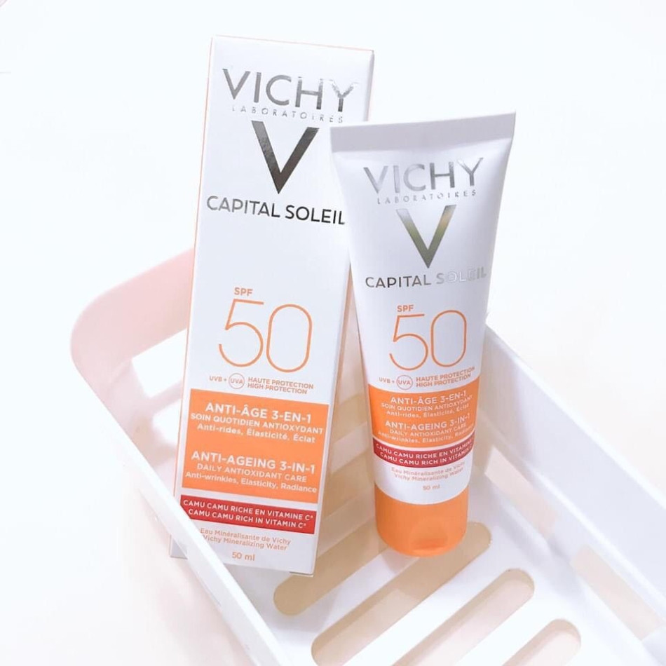 Kem chống nắng dưỡng trắng da mặt Vichy Capital Soleil Anti-Ageing 3-In-1 SPF 50 UVB+UVA