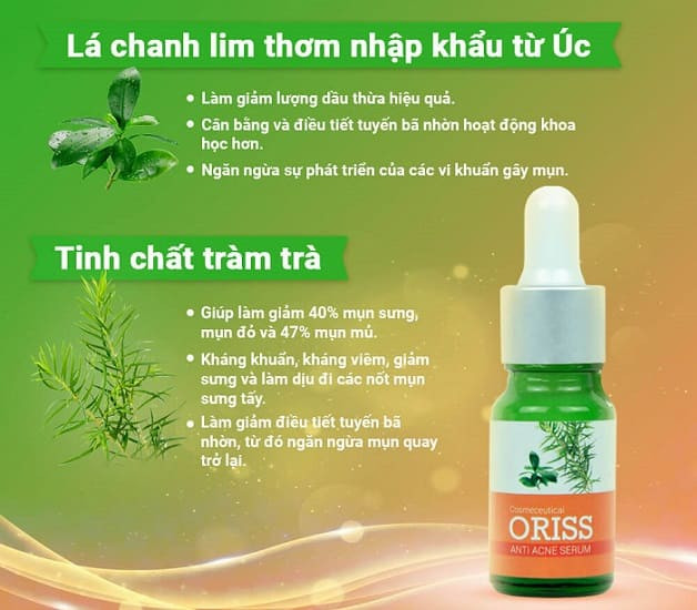 Serum mụn Oriss với tinh chất tràm trà và lá chanh lim thơm giúp loại bỏ mụn ẩn hiệu quả